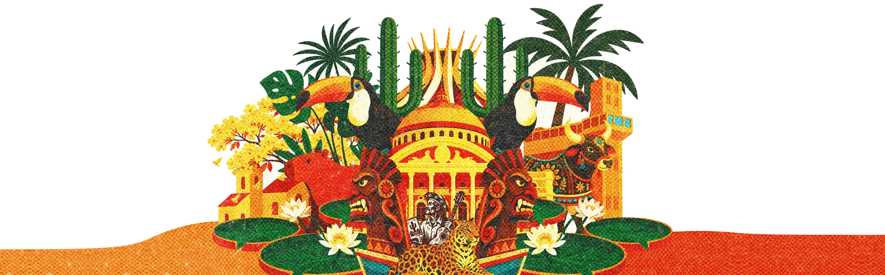 Ilustração com símbolos do Brasil: Teatro Amazonas ao centro, Catedral de Brasília, Elevador Lacerda, casario colonial, cactos, palmeiras, ipê-amarelo, tucanos, carrancas, capivara, bumba-meu-boi, onça-pintada e vitórias-régias.